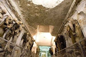 Many of the mummified corpses in the Catacombe dei Cappuccini remain fully clothed centuries after death.