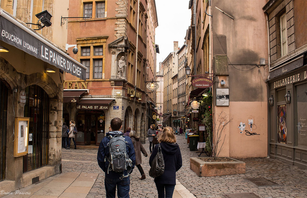 Walking a cobblestoned street of Vieux Lyon