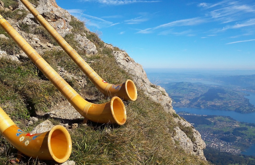 Alpenhorns over Lake Lucerne in Switzerland
